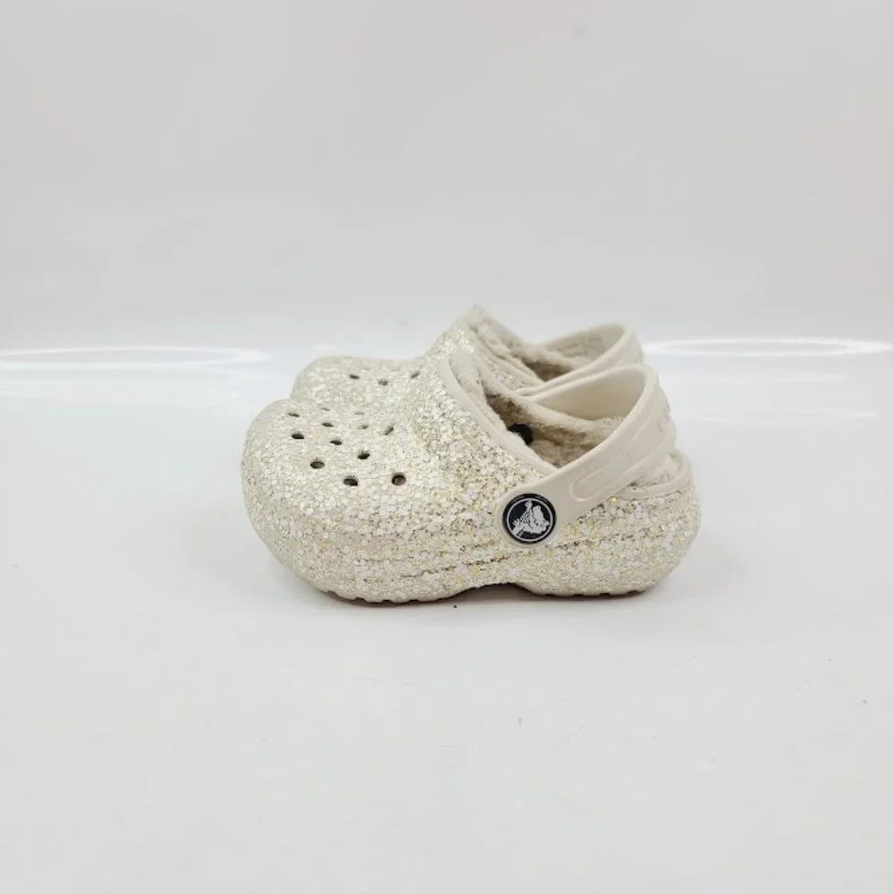 Crocs Girl's‎ White Stucco Classic Glitter Lined Slip-On Casual Clog Size 6